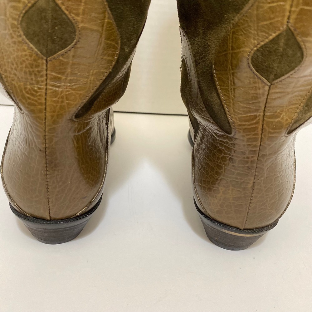 VTG 80s Bandolino Made in Italy Suede Croc Leather Westerncore Boots 9 Olive - Picture 7 of 9